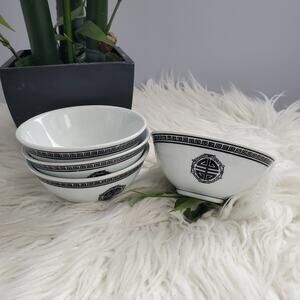 Vintage Chinese Black & White Ceramic Rice Bowl Set